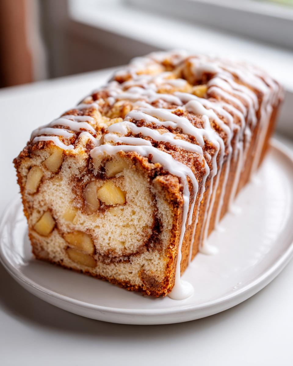 A moist apple bread loaf, sliced to show chunks of apple and cinnamon swirl, topped with white icing drizzle.