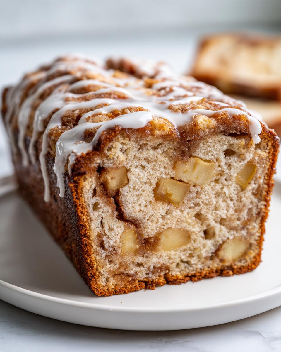 Close-up of a moist apple bread loaf, showing chunks of apple inside and drizzled with white icing.