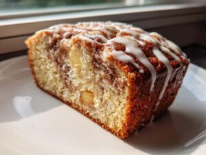 A close-up of a moist slice of apple bread featuring visible apple chunks and a white vanilla glaze drizzle.