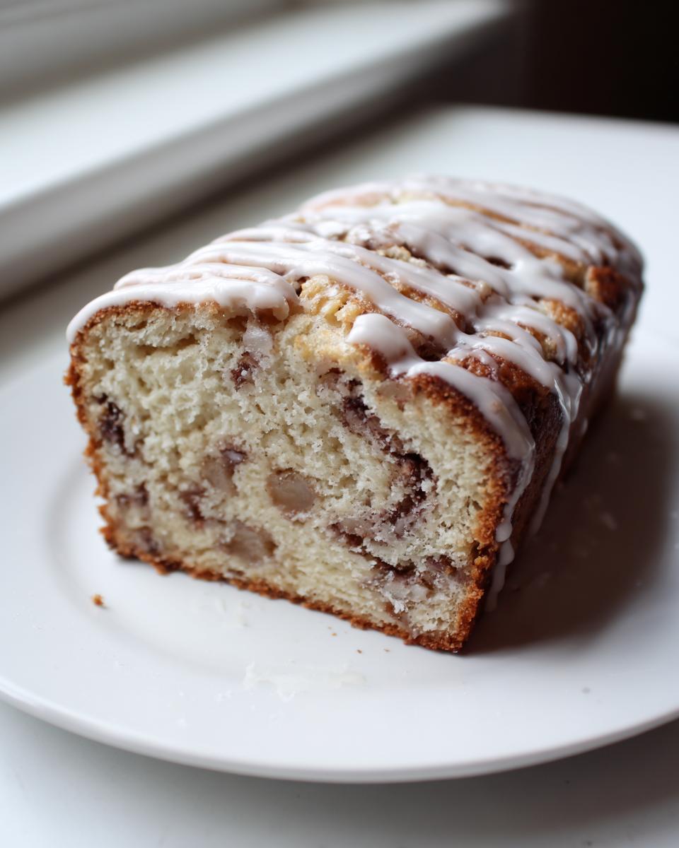 A cross-section slice of moist apple bread topped with a white vanilla glaze drizzle, sitting on a white plate.