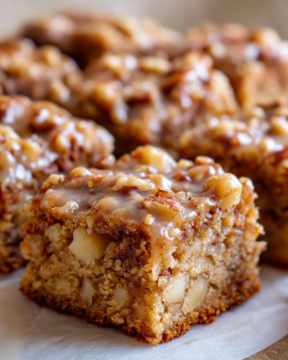 Close-up of a moist apple brownies square topped with a gooey caramel glaze and chopped nuts.