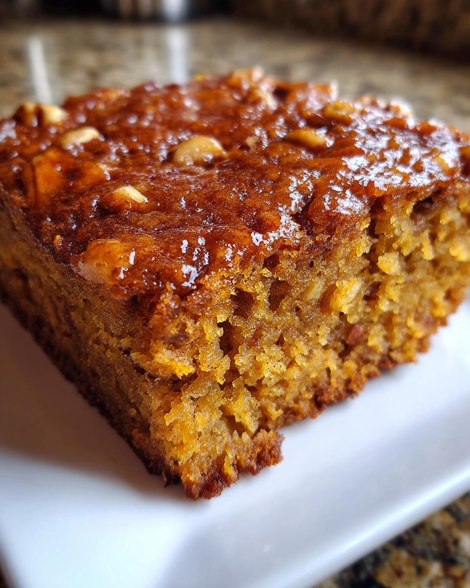 Close-up of a moist, square slice of apple brownies with a glossy, caramelized top studded with nuts.