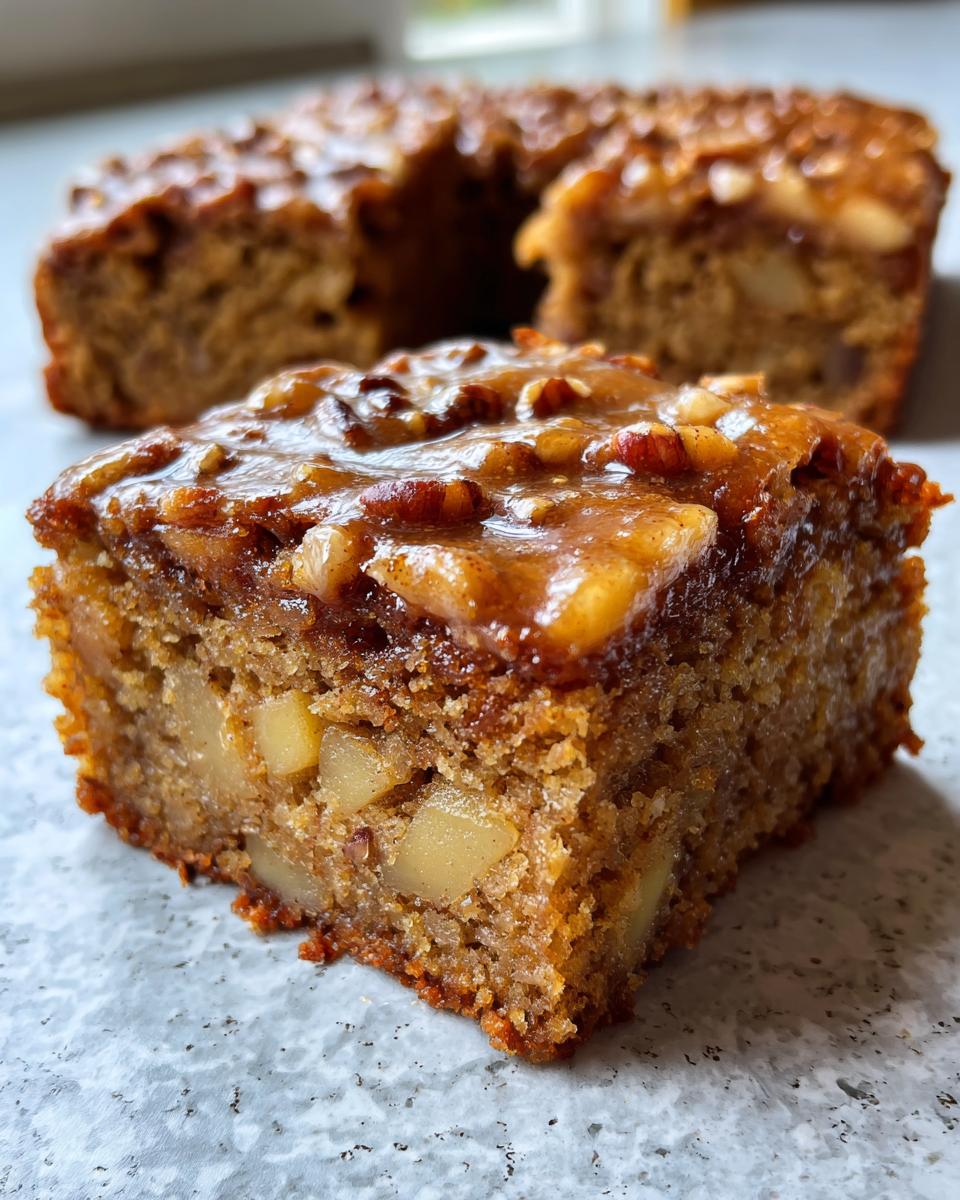 Close-up of a moist apple brownies slice showing chunks of apple inside and a sticky pecan caramel topping.