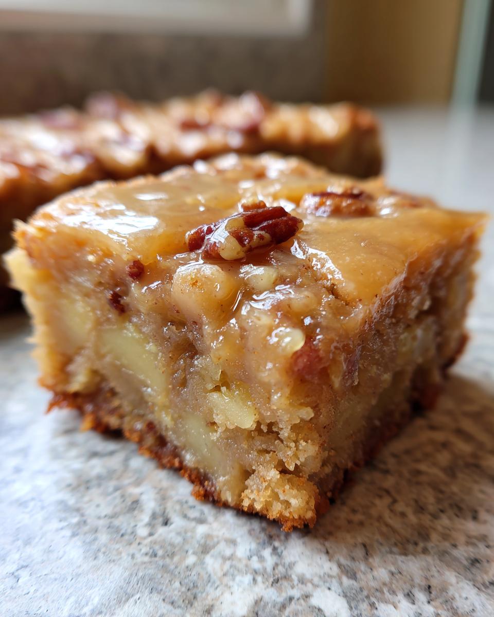 Close-up of a moist apple brownies square topped with sticky caramel glaze and a pecan.