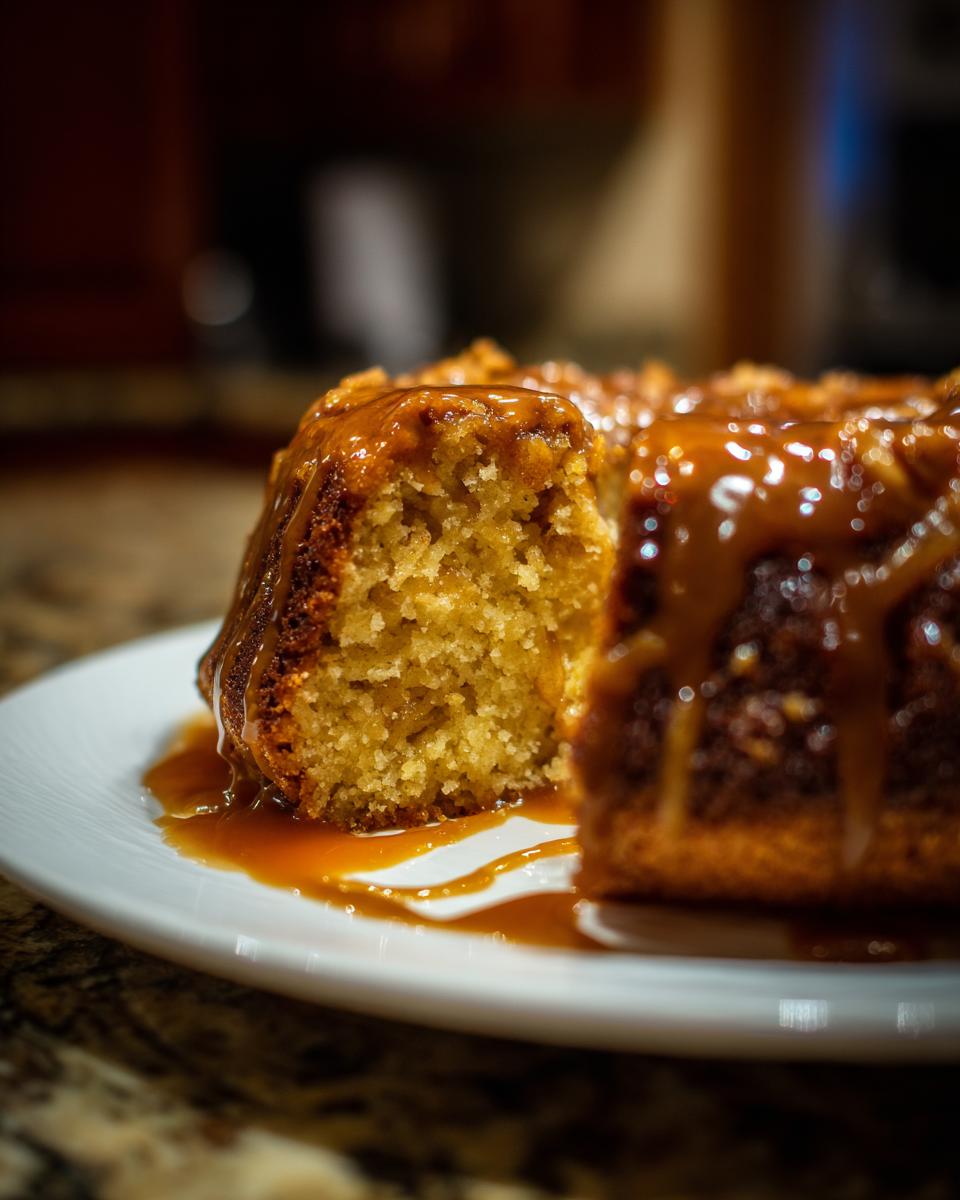 Close-up of a slice cut from an apple dapple cake, generously covered in dripping caramel sauce.