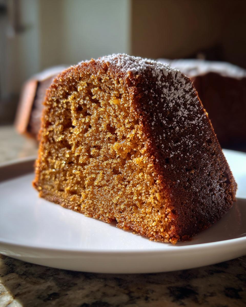 Close-up of a moist slice of applesauce cake dusted with powdered sugar on a white plate.