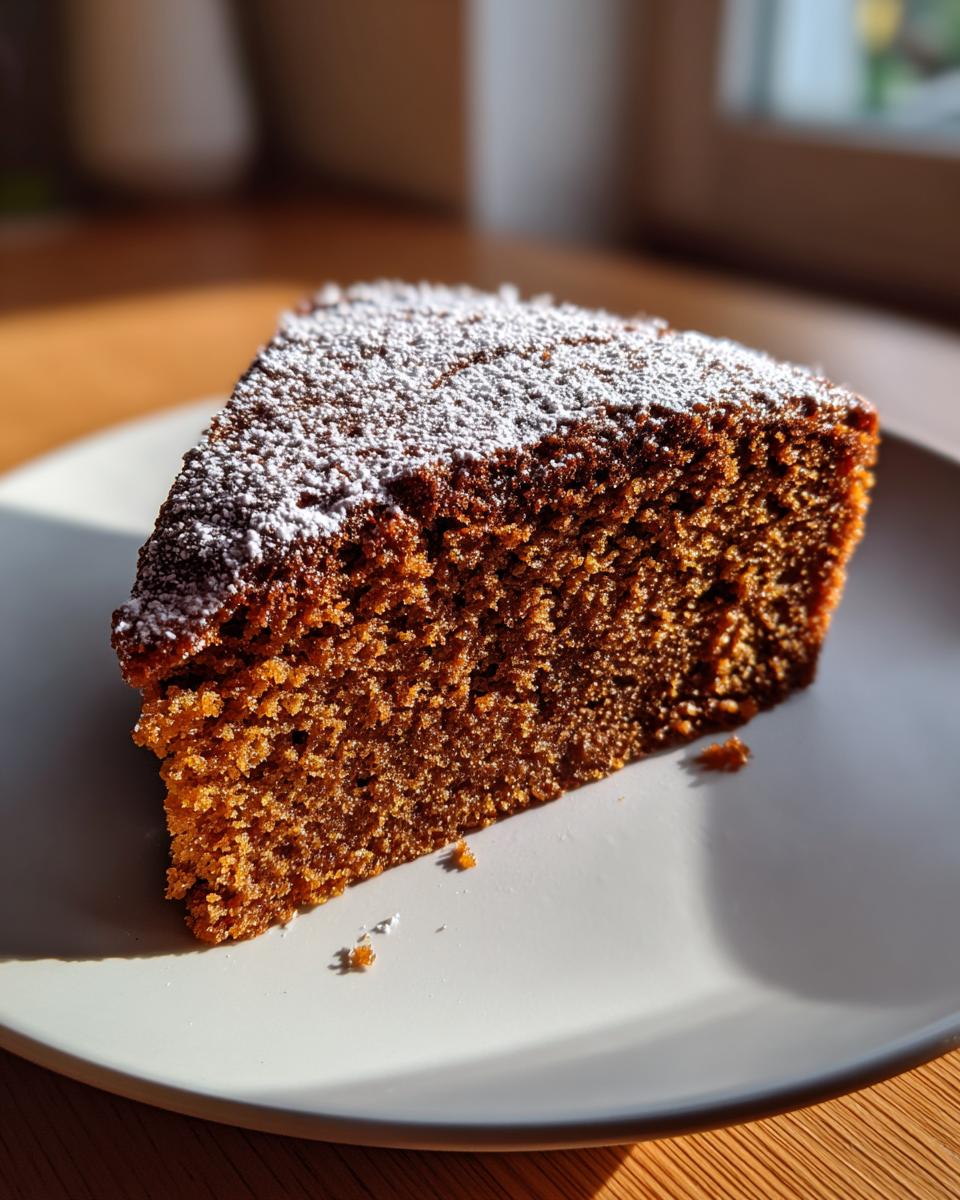 A moist slice of dark brown applesauce cake dusted with powdered sugar, sitting on a light plate.