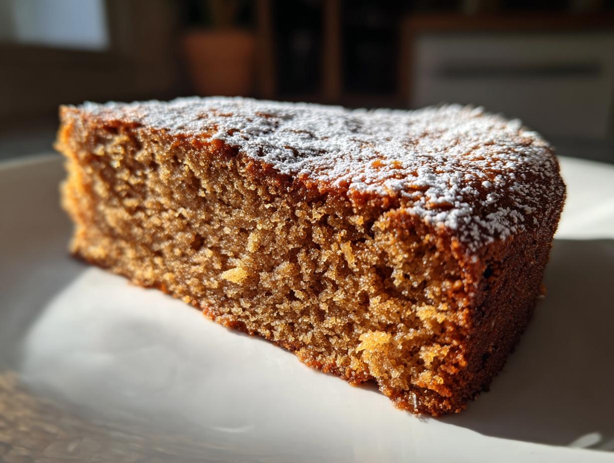 Close-up of a moist, brown slice of applesauce cake dusted lightly with white powdered sugar on a white plate.