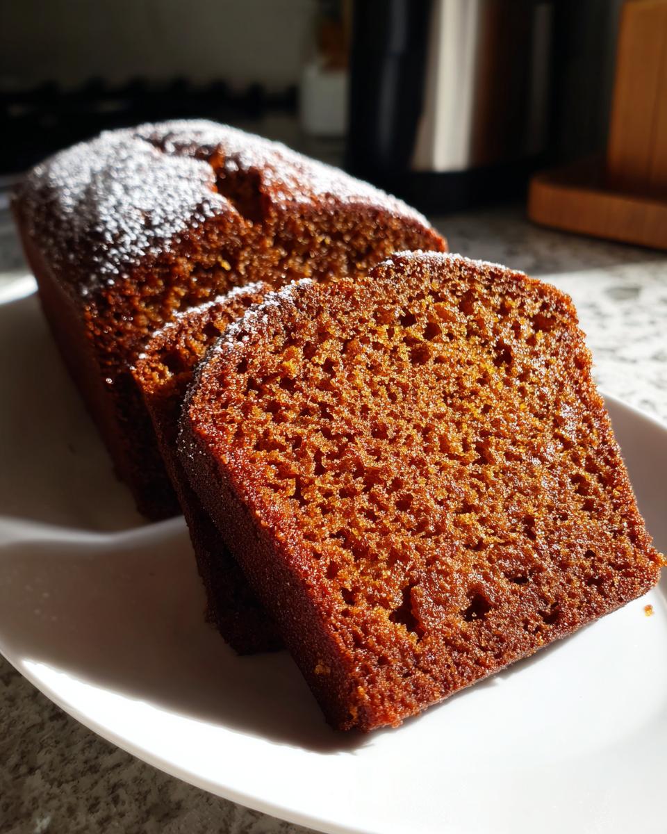 Close-up of two thick slices of moist, dark applesauce cake dusted with powdered sugar on a white plate.