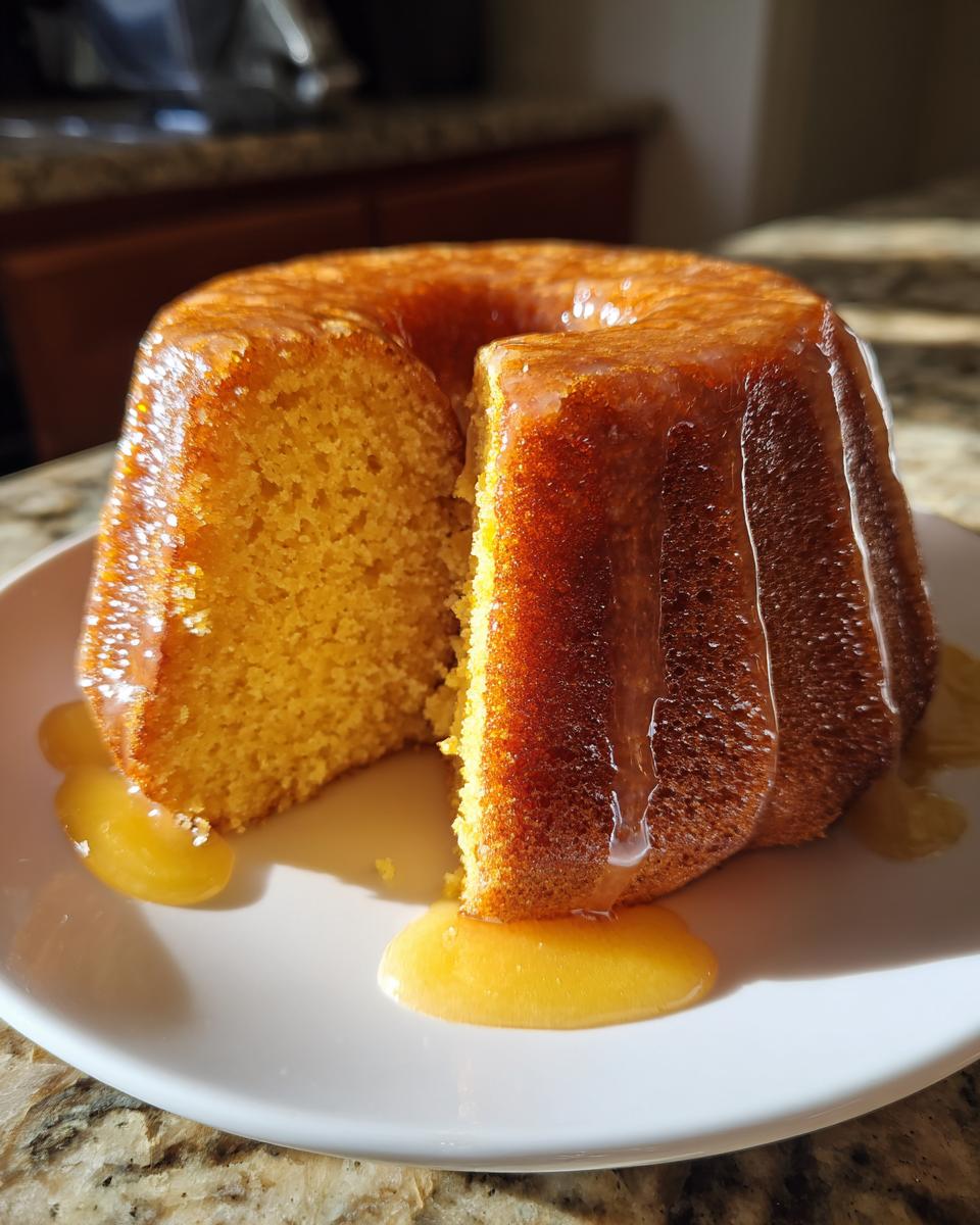 A moist bacardi rum cake, shaped like a bundt cake, with a slice cut out, drenched in a golden rum glaze.