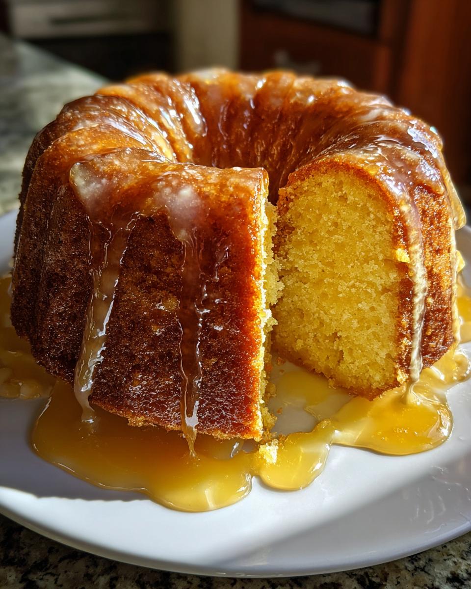 A moist bacardi rum cake, a slice removed, heavily drenched in a thick, golden rum glaze.