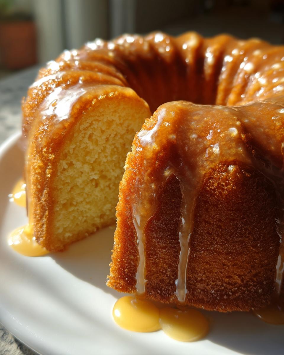 Close-up of a moist bacardi rum cake, drizzled with a thick caramel glaze, with one slice cut out.