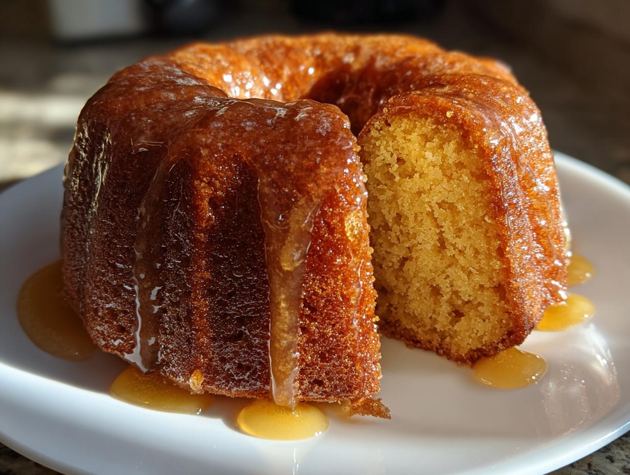 A moist bacardi rum cake in a bundt shape, drizzled with a thick rum glaze, with one slice cut out showing the texture.