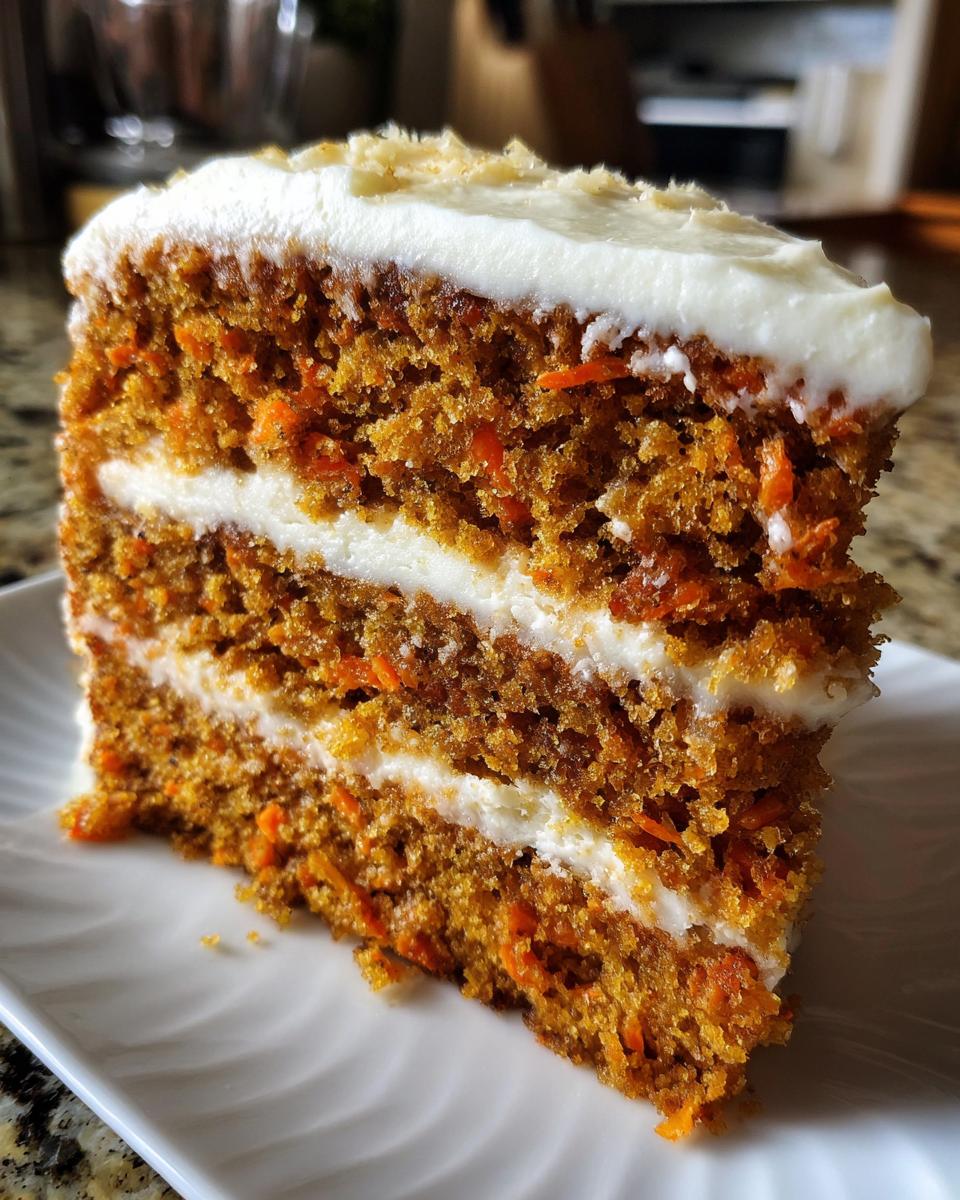 Close-up of a thick slice of moist carrot cake recipe with two layers of cream cheese frosting.