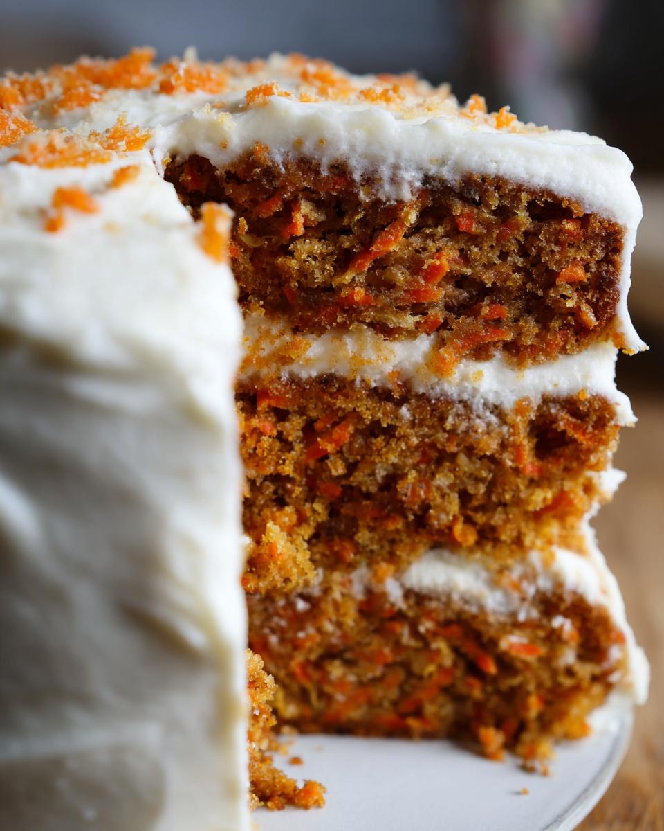 Close-up of a thick slice of moist carrot cake recipe showing layers of cake and cream cheese frosting, topped with shredded carrots.
