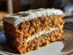 Close-up of a thick slice of homemade carrot cake recipe showing shredded carrots and thick cream cheese frosting layers.