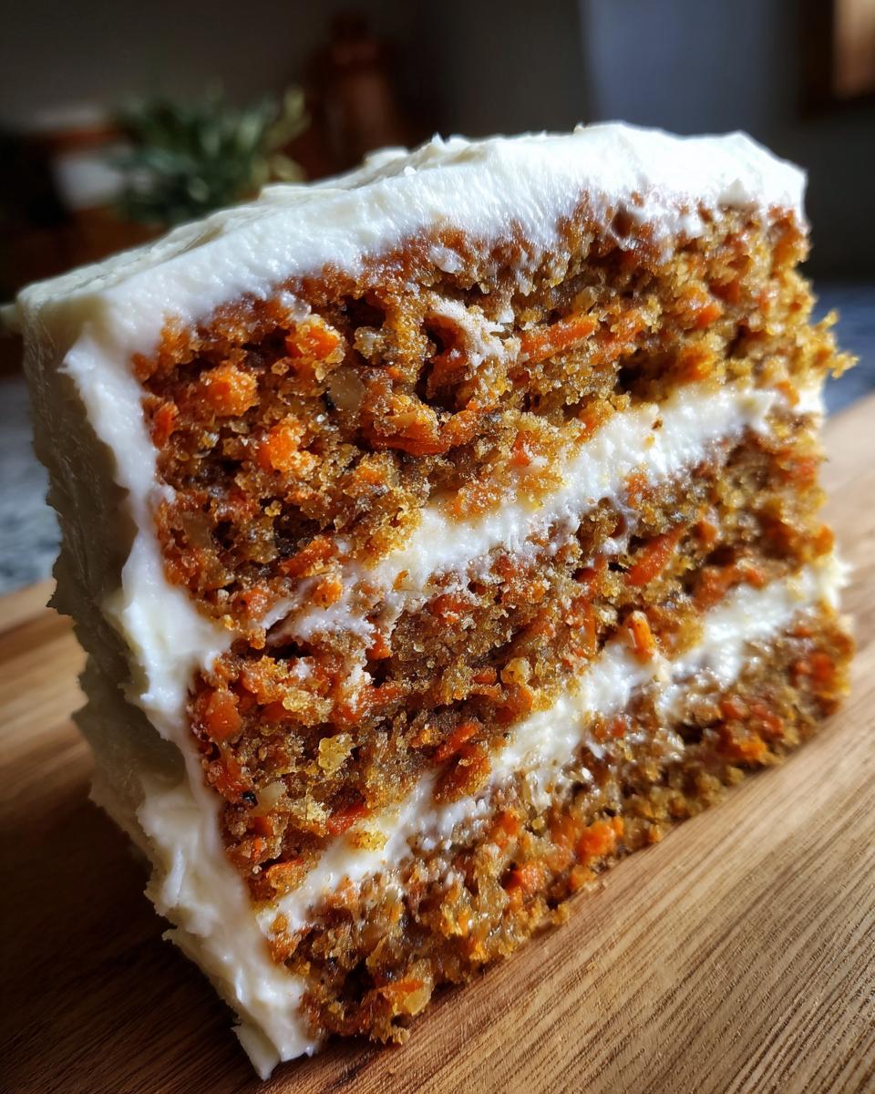 Close-up of a thick slice of moist carrot cake recipe showing three layers of spiced cake and cream cheese frosting.