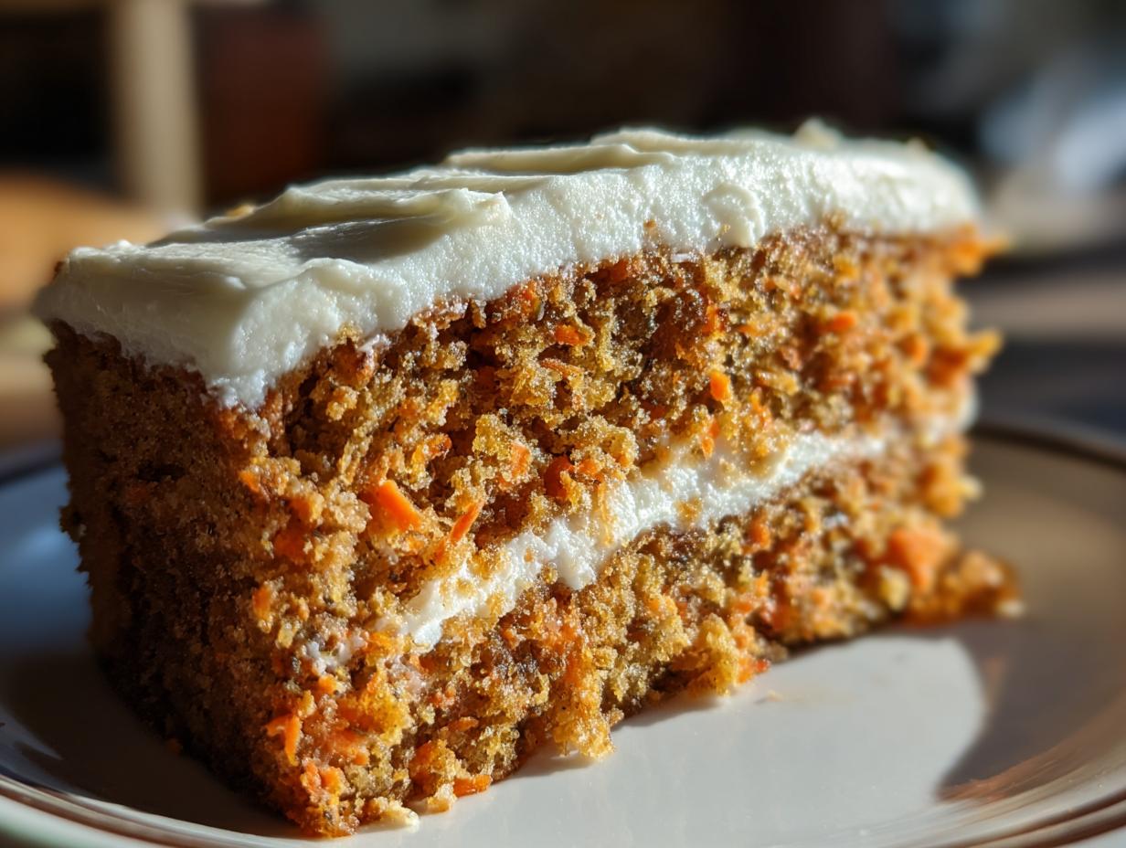 Close-up of a thick slice of homemade carrot cake recipe showing shredded carrots and thick cream cheese frosting layers.