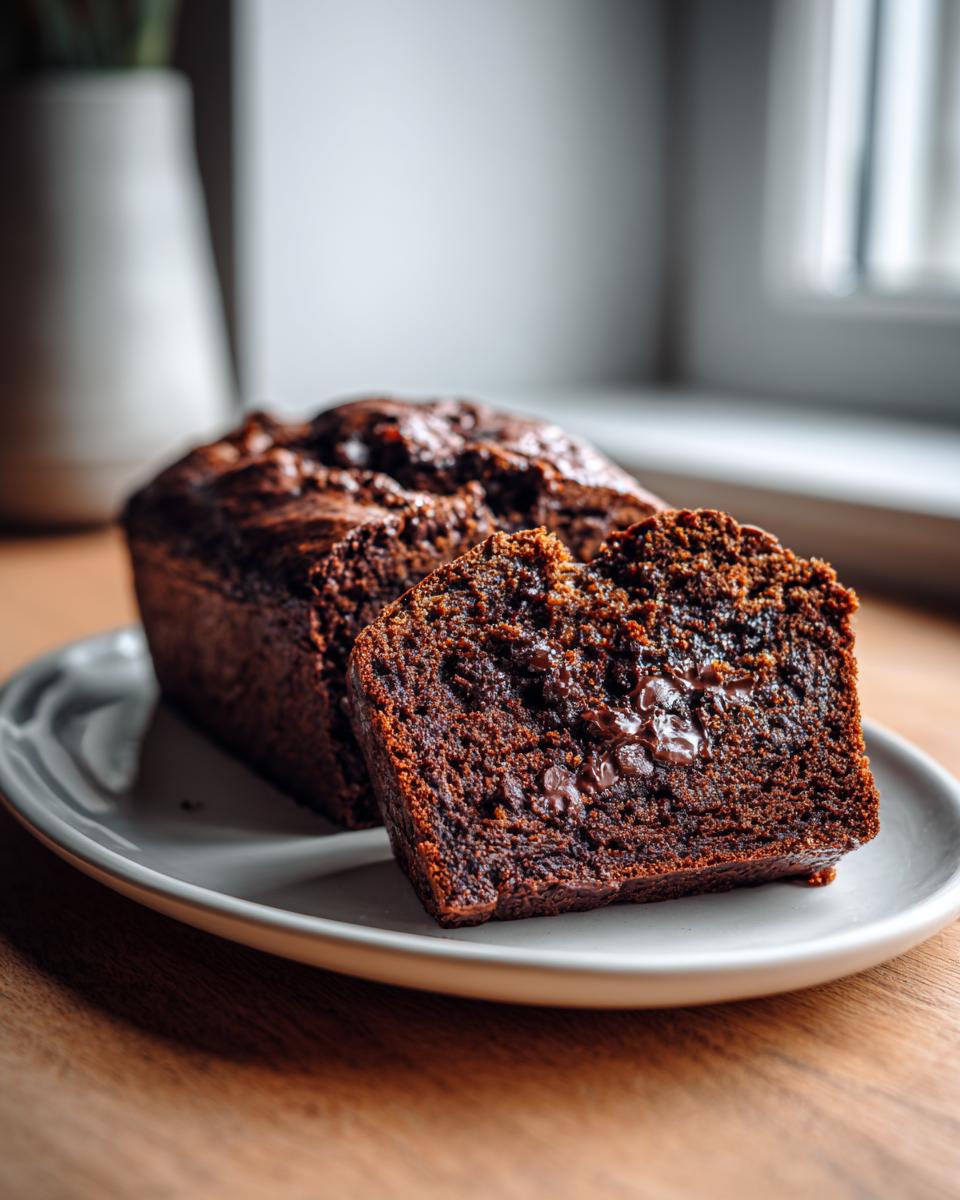 A slice of moist chocolate banana bread showing melted chocolate chips inside, next to the loaf.