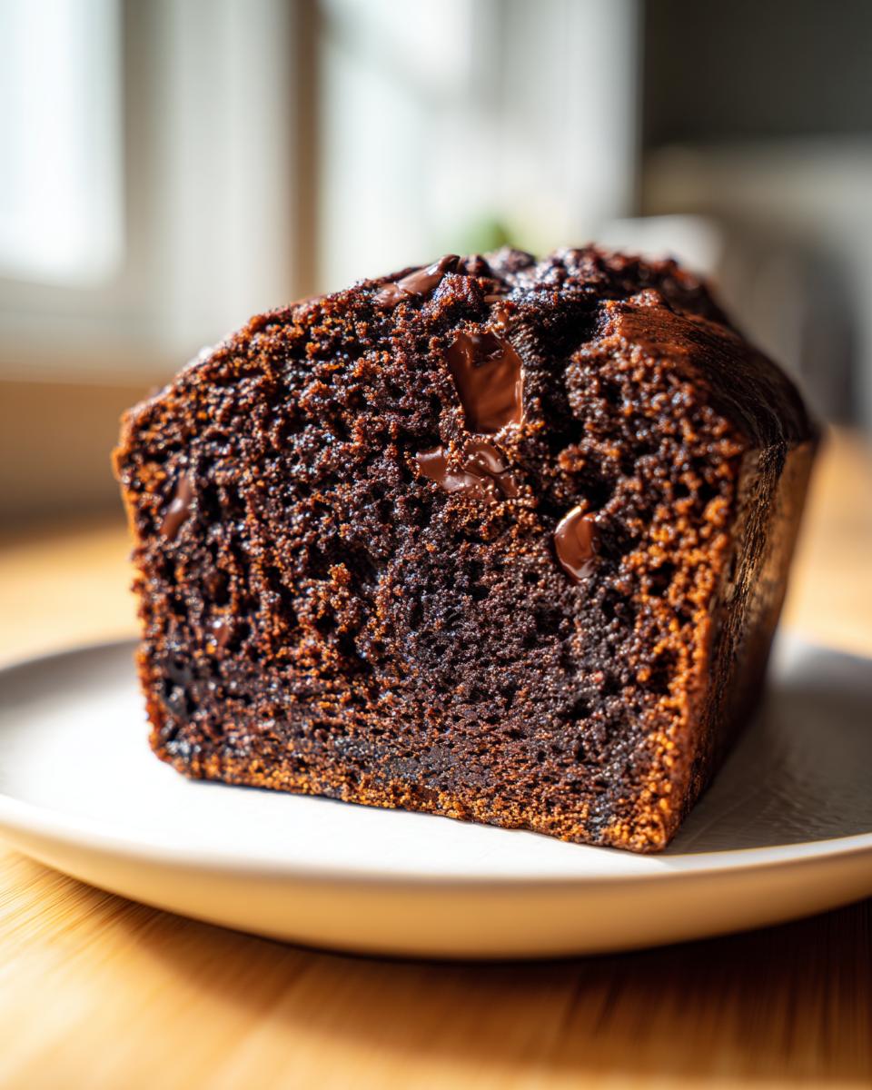 Close-up of a thick, moist slice of rich chocolate banana bread studded with melted chocolate chips.