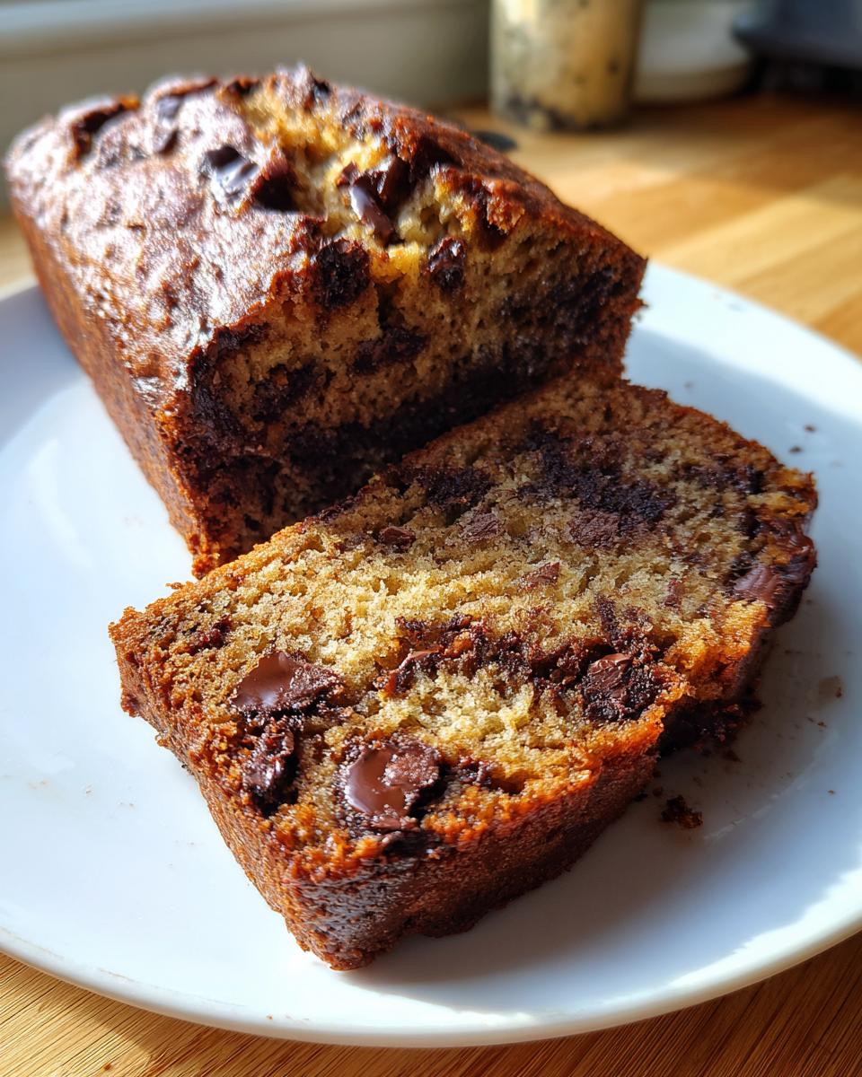 A loaf of moist chocolate banana bread, partially sliced, showing rich chocolate chips throughout the crumb.