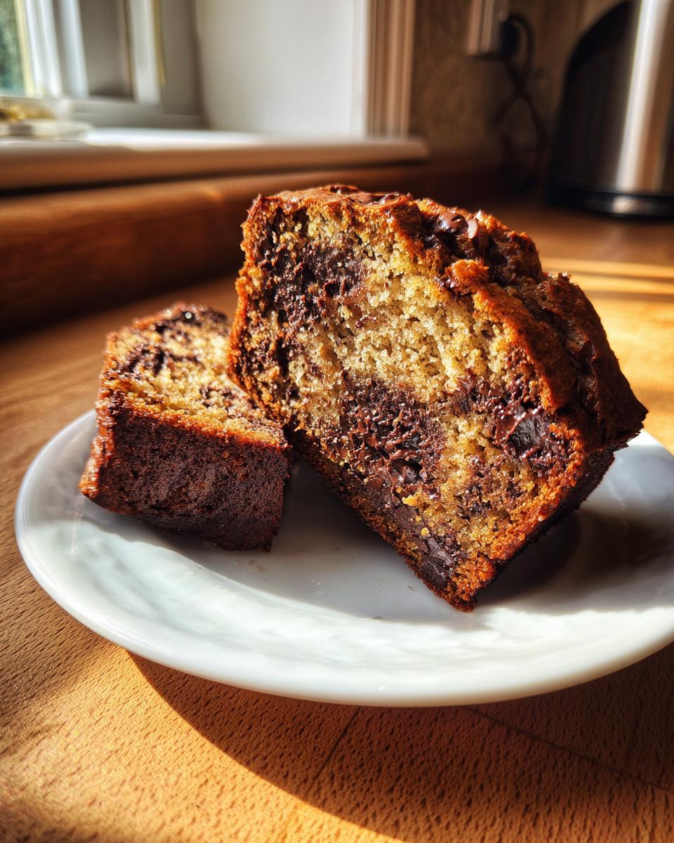 Two moist slices of chocolate banana bread with visible chocolate chunks served on a white plate.