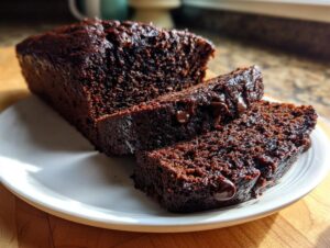 Close-up of moist chocolate banana bread loaf, with two slices showing melted chocolate chips.