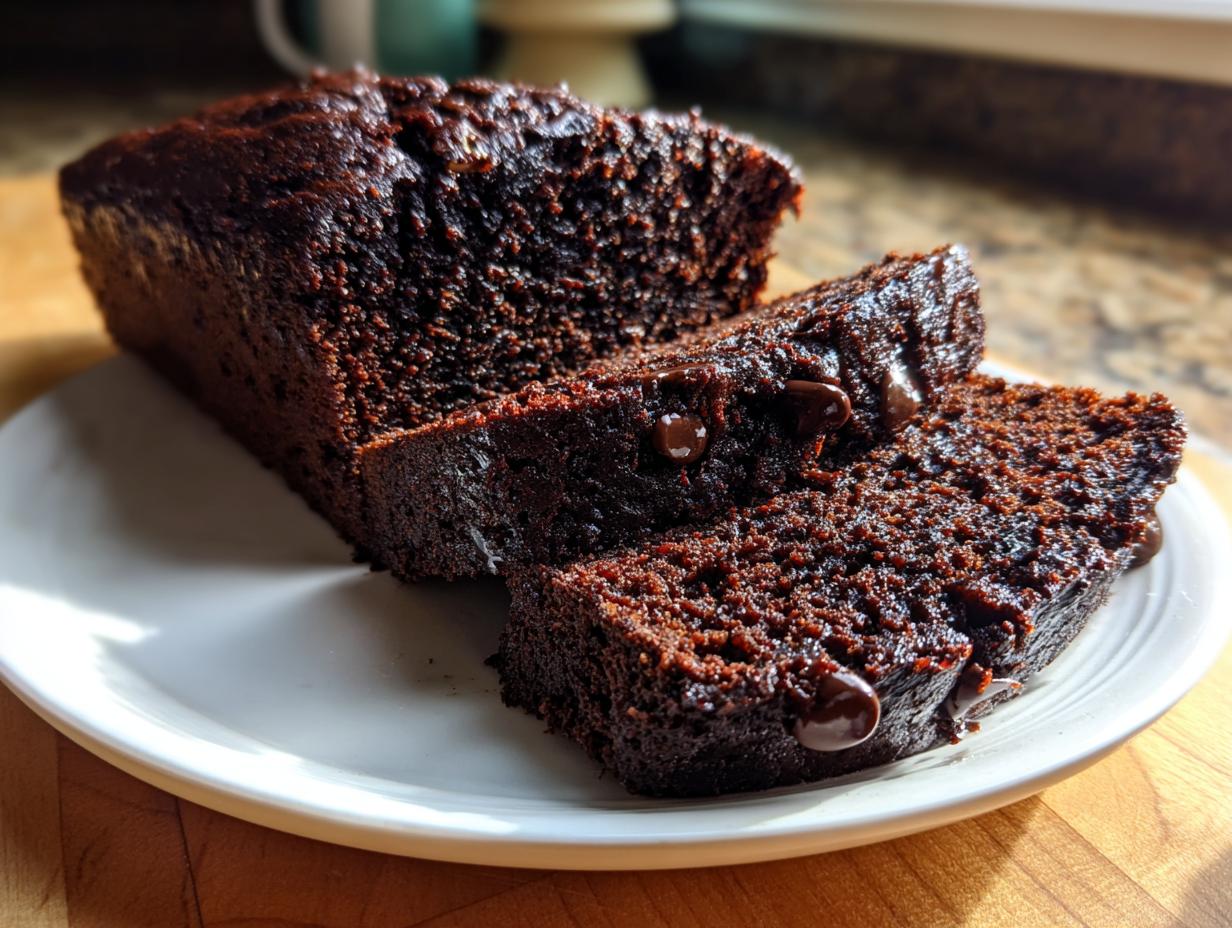 Close-up of moist chocolate banana bread loaf, with two slices showing melted chocolate chips.