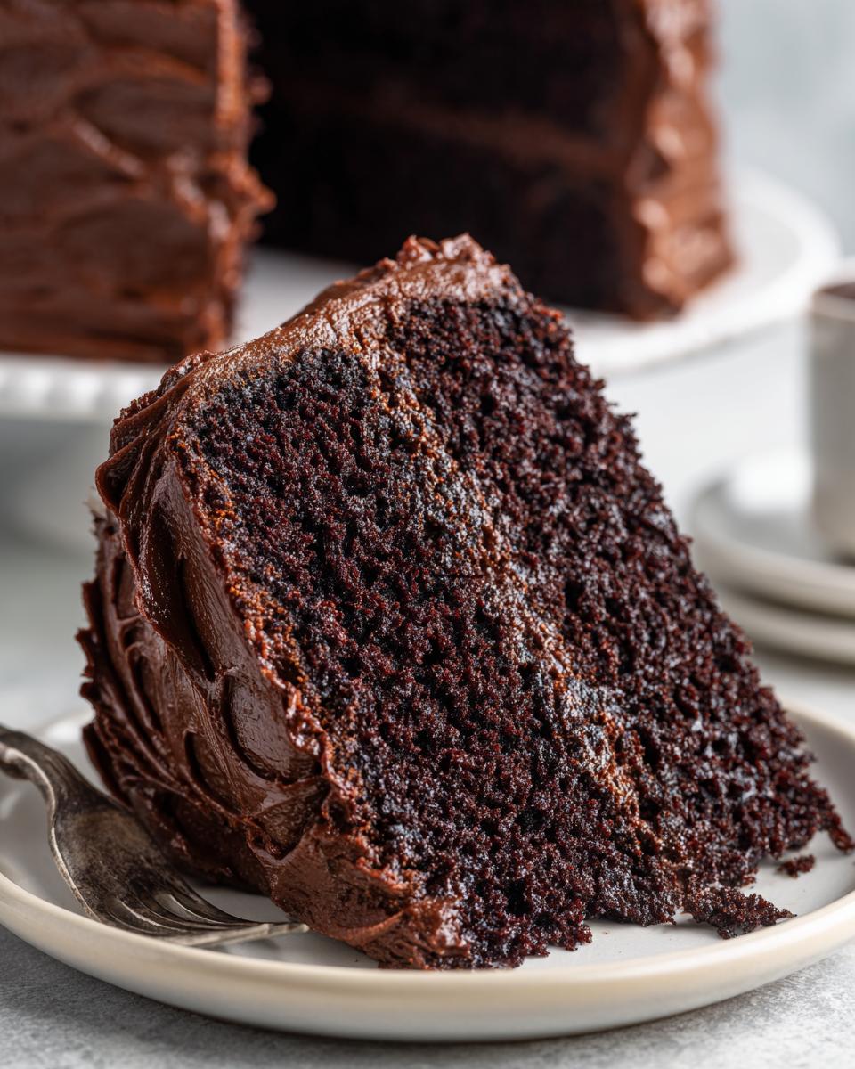 Close-up of a thick slice of moist chocolate cake covered in dark chocolate frosting, resting on a plate.