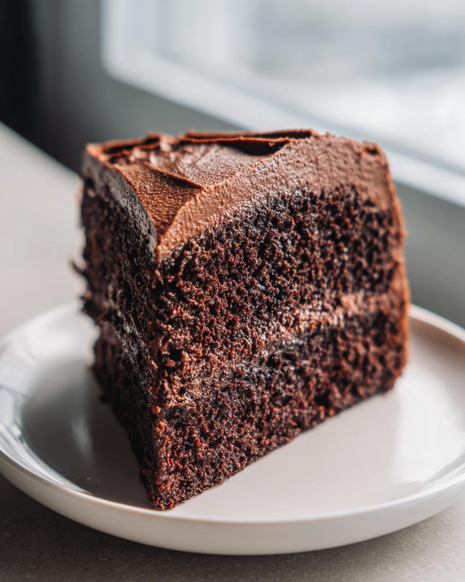 A close-up of a thick slice of moist chocolate cake topped with dark chocolate frosting, sitting on a white plate.