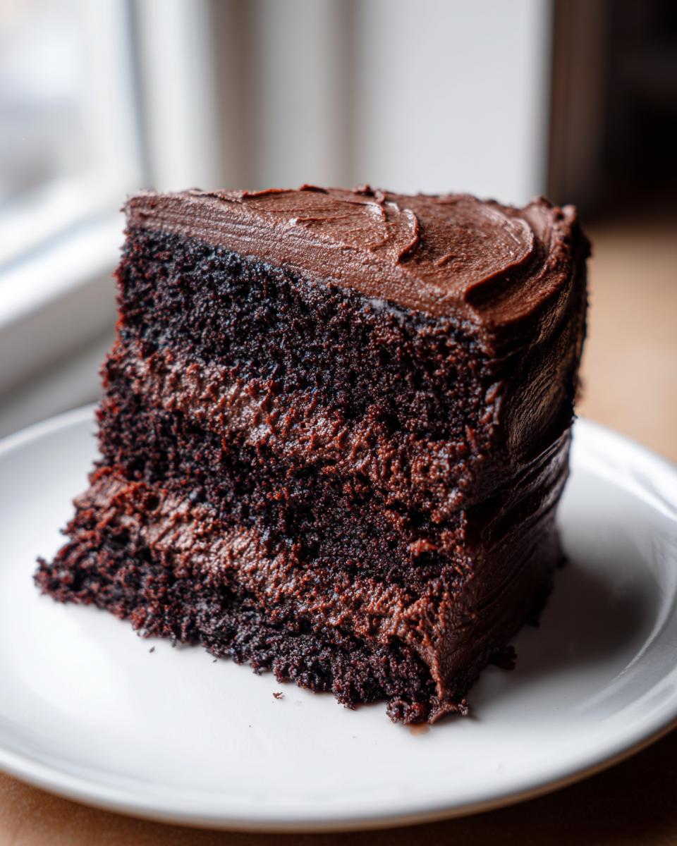A close-up of a tall slice of moist chocolate cake layered with dark chocolate frosting on a white plate.
