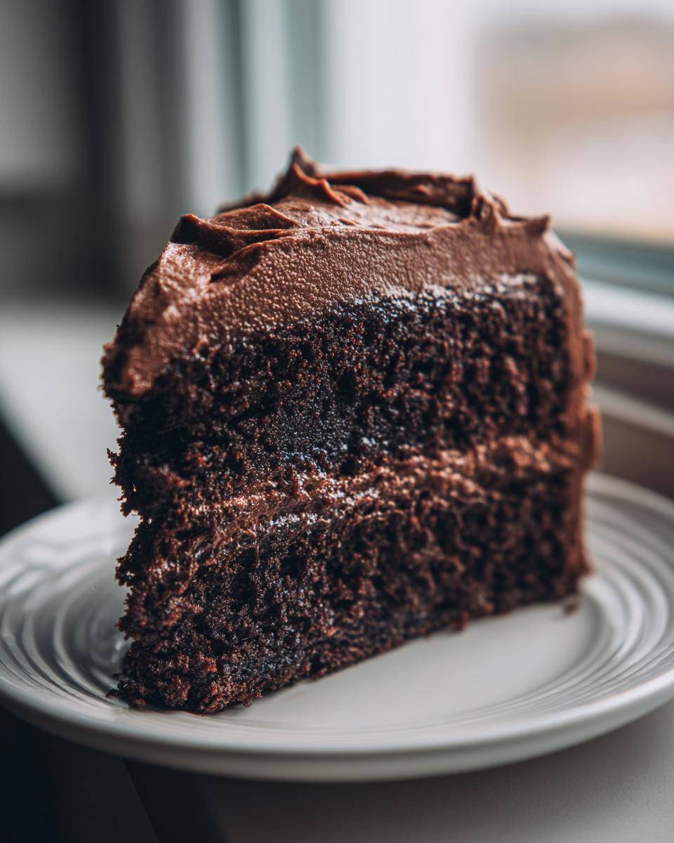Close-up of a rich, dark slice of moist chocolate cake topped with thick chocolate frosting.