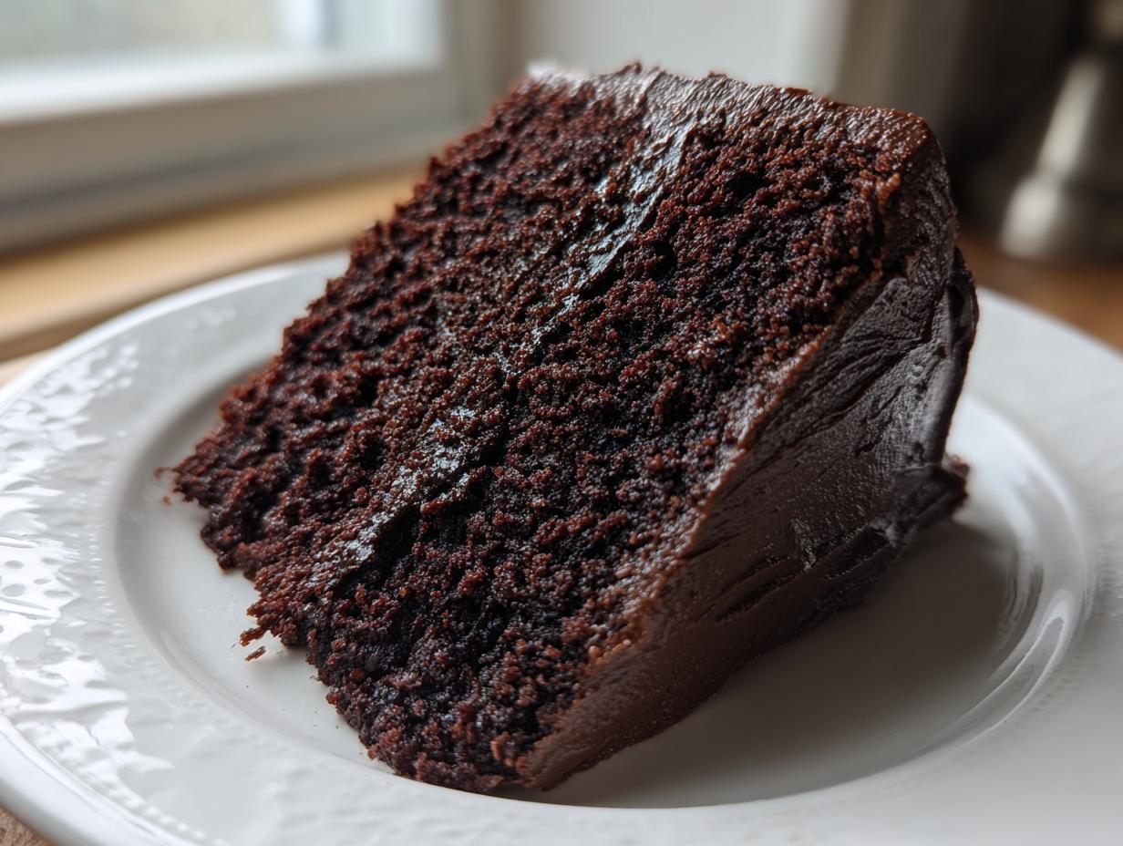A close-up of a rich, dark slice of moist chocolate cake covered in thick chocolate frosting on a white plate.