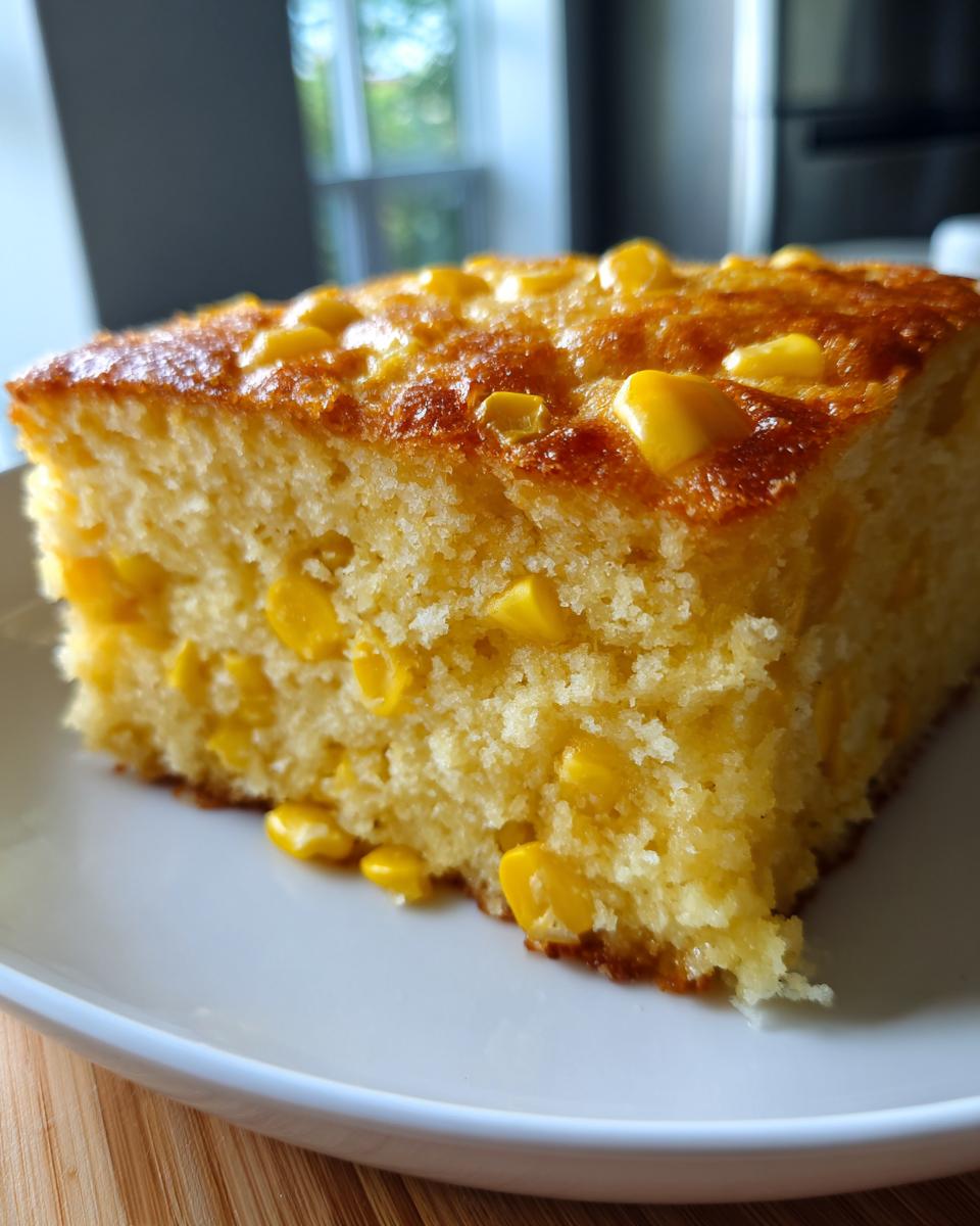 Close-up of a square slice of moist cornbread casserole studded with whole corn kernels, featuring a golden-brown top.
