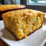 Close-up of a moist slice of cornbread casserole studded with whole corn kernels on a white plate.