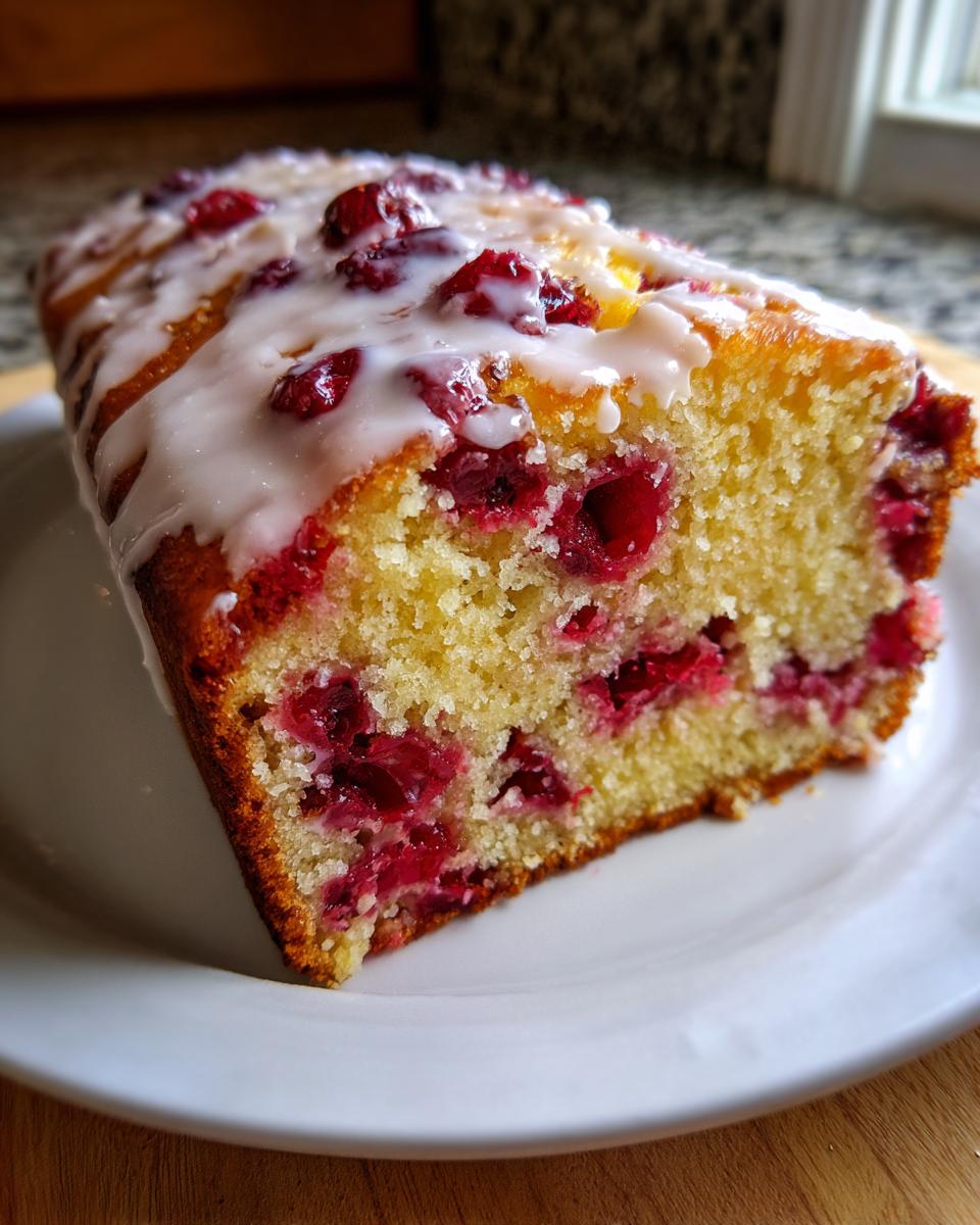 Close-up of a slice of moist cranberry orange bread topped with white glaze and whole cranberries.
