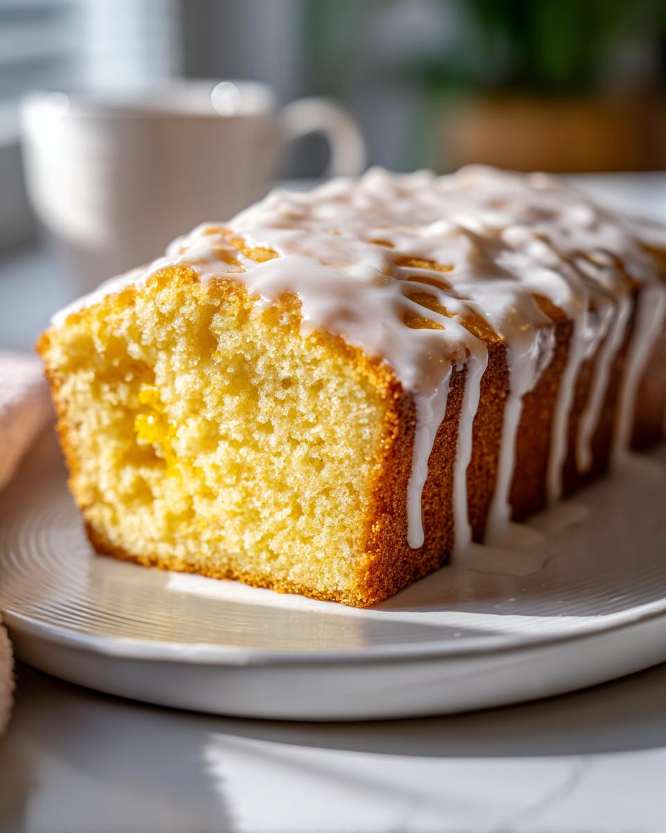 Close-up of a moist lemon pound cake loaf with thick white glaze drizzled over the top, sitting on a white plate.