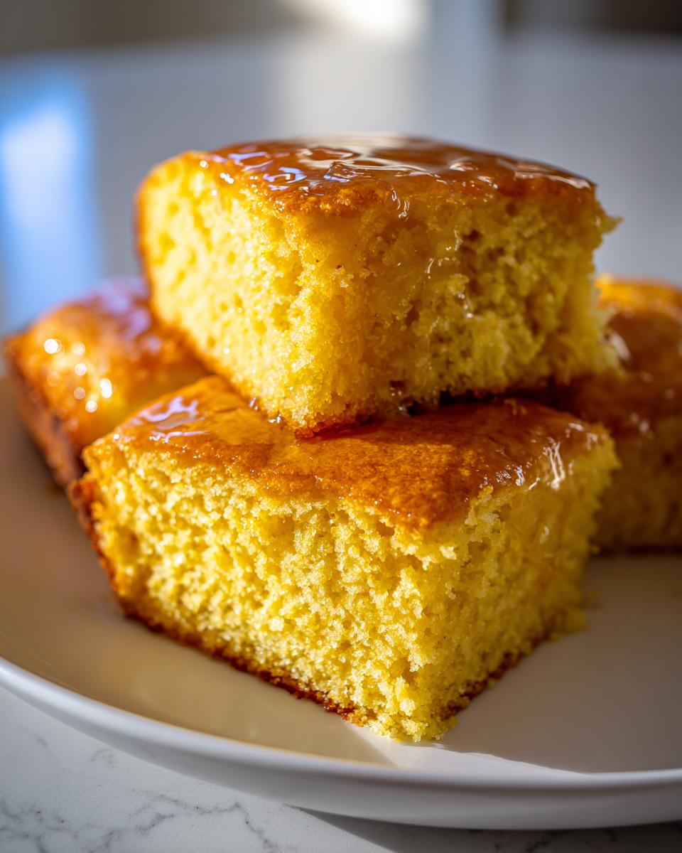 Close-up of stacked, moist sourdough cornbread squares drizzled with a shiny honey glaze.