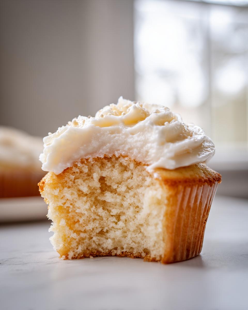 Close-up of a vanilla cupcake with a bite taken out, showing the soft, moist crumb and white frosting.