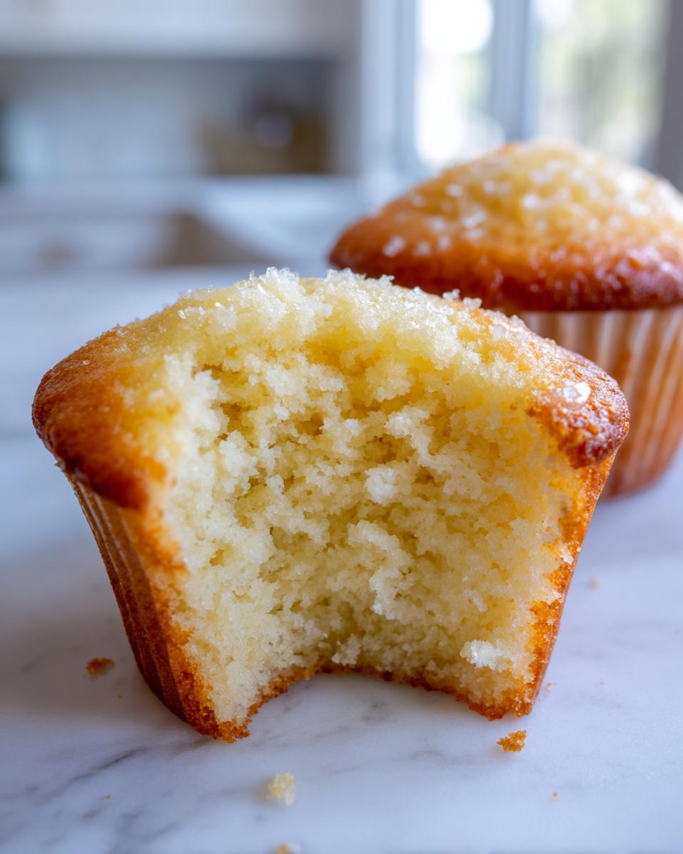 Close-up showing the soft, moist crumb texture of a vanilla cupcake with a bite taken out, topped with coarse sugar.