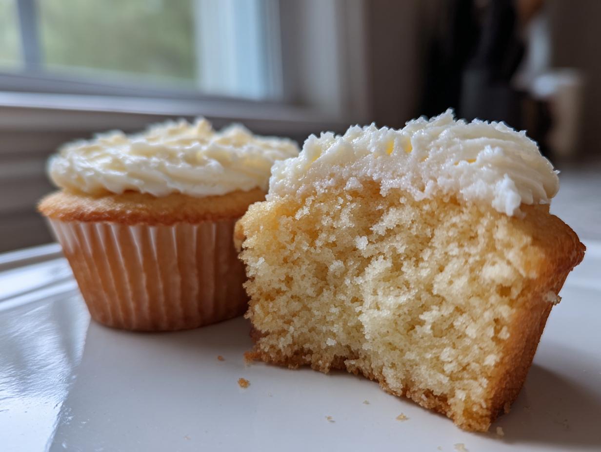 Close-up of a vanilla cupcake cut in half showing its moist crumb, next to a whole vanilla cupcake with white frosting.