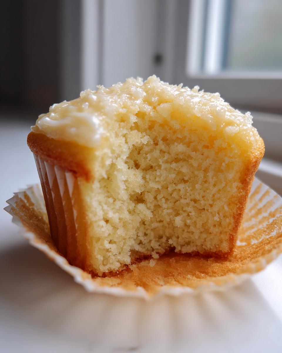 Close-up of a soft, moist vanilla cupcake cut in half showing the fine crumb and light glaze topping.