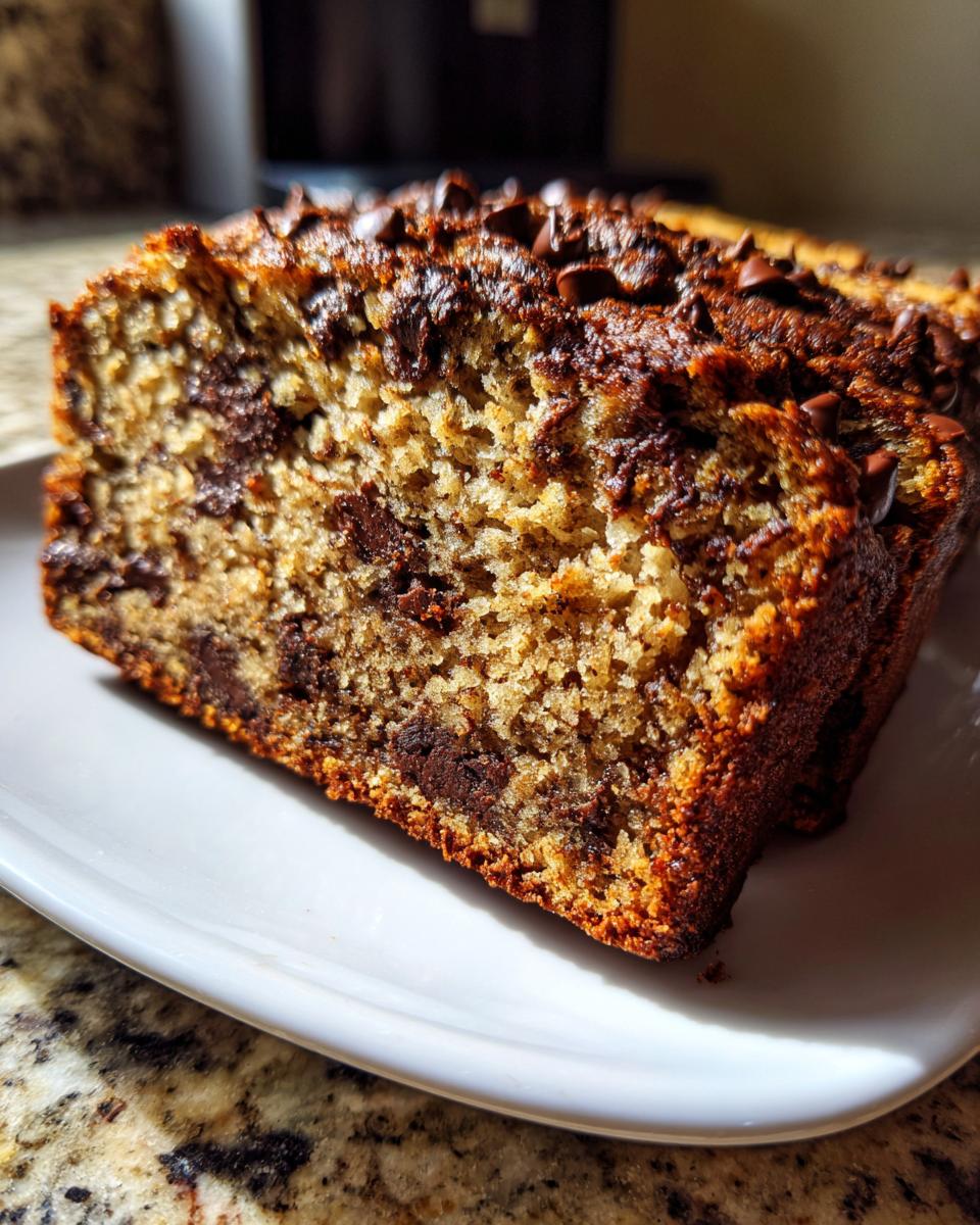 Close-up of a moist slice of vegan banana bread loaded with melted chocolate chips on top and throughout the crumb.