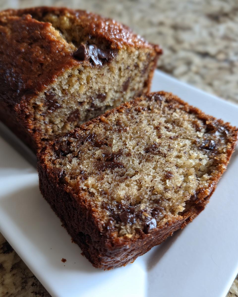 Close-up of a moist slice of vegan banana bread loaded with chocolate chips, next to the rest of the loaf.