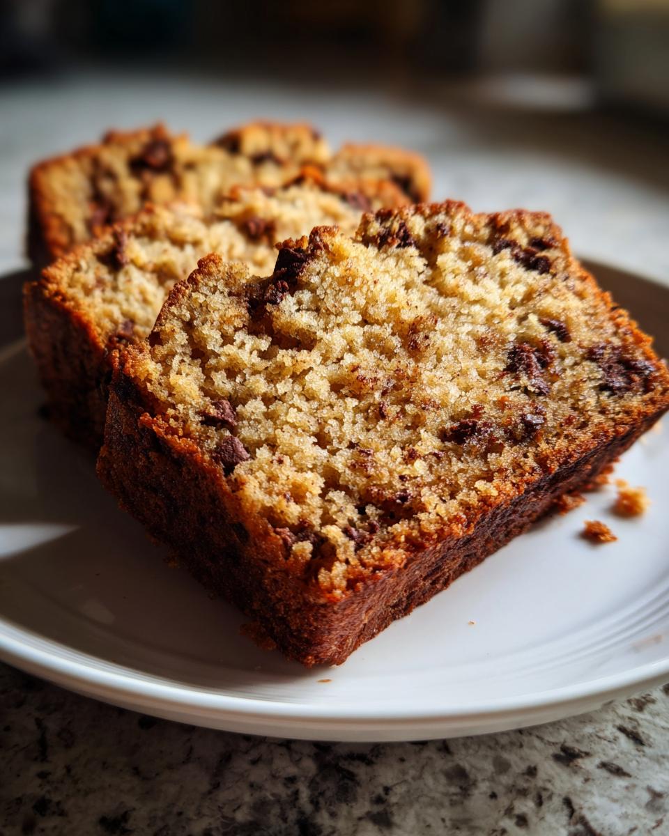 Close-up of three moist slices of vegan banana bread loaded with chocolate chips, served on a white plate.