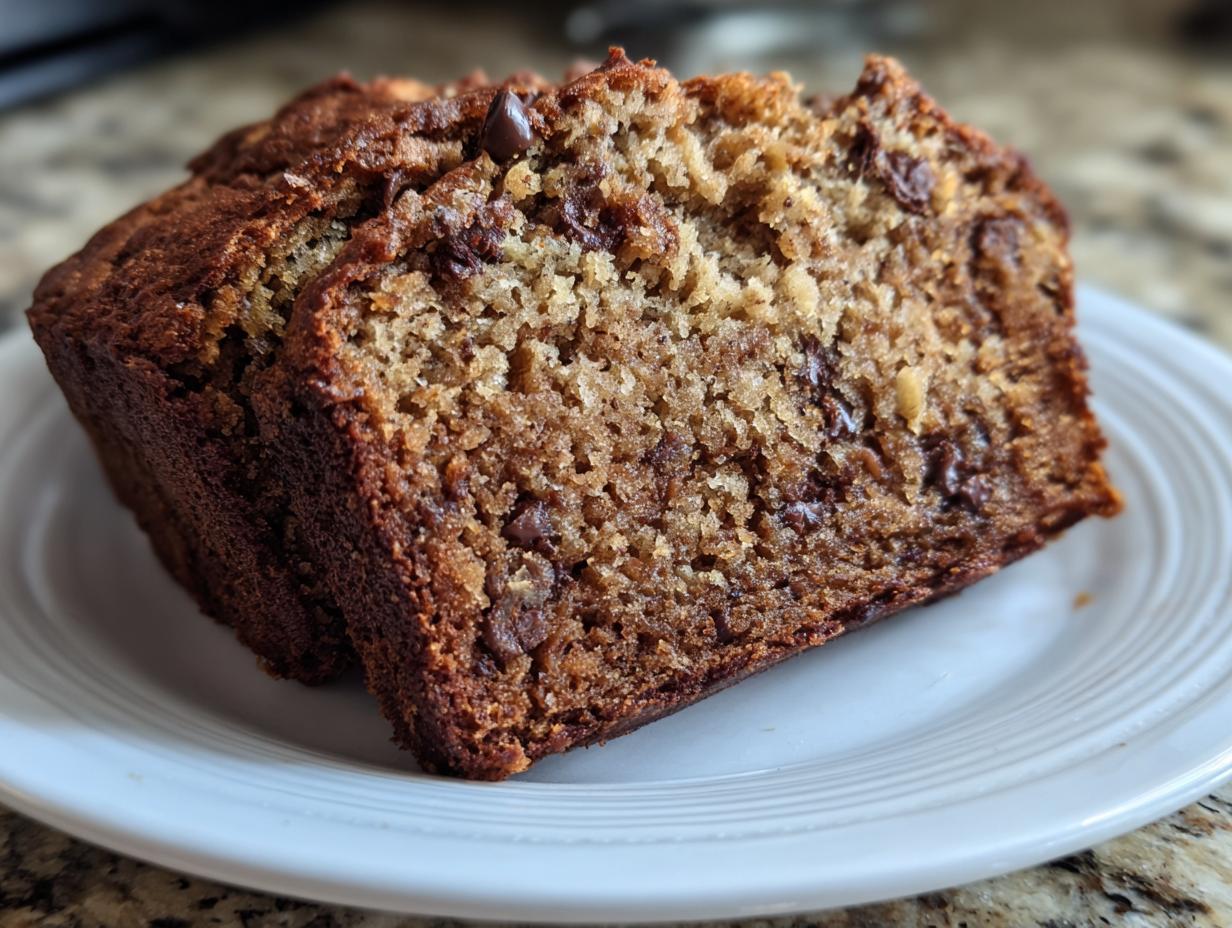 Two moist slices of vegan banana bread studded with chocolate chips served on a white plate.