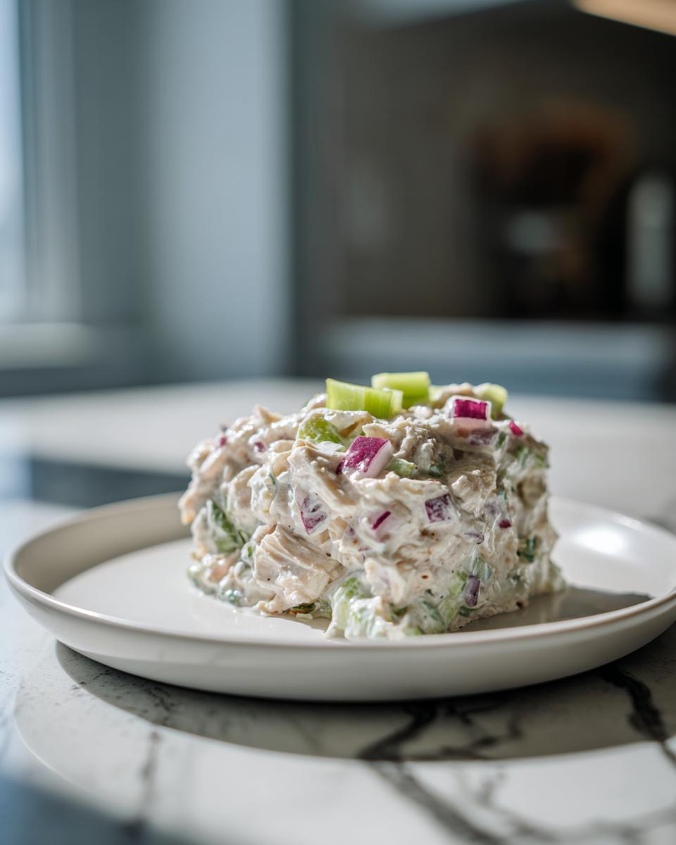 A molded serving of creamy greek yogurt chicken salad topped with diced red onion and celery.