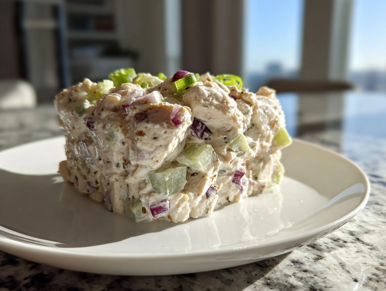 A molded scoop of creamy greek yogurt chicken salad with visible chunks of celery and red onion, garnished with scallions.