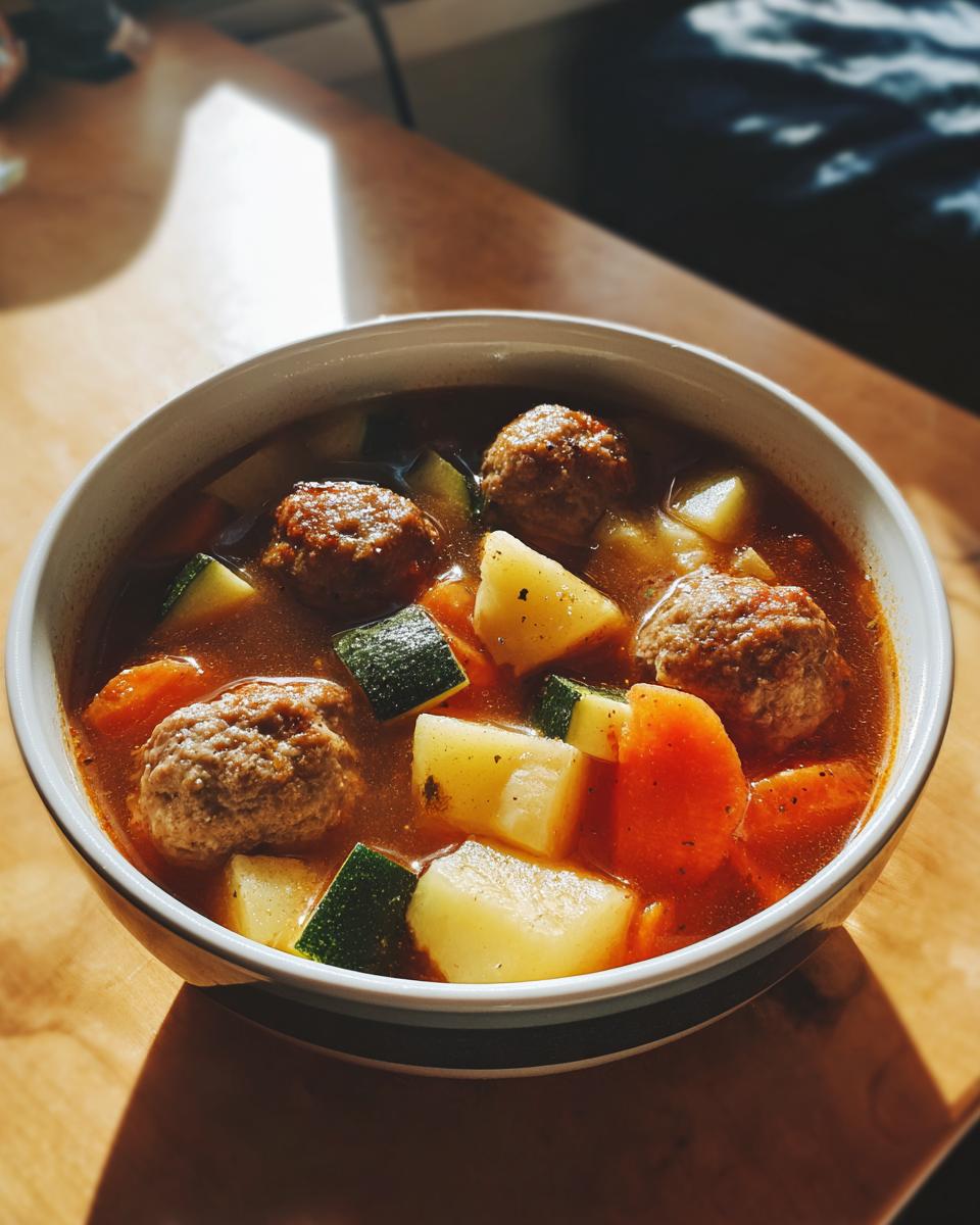 A close-up shot of a bowl of rich, red broth albondigas soup containing meatballs, potatoes, carrots, and zucchini.