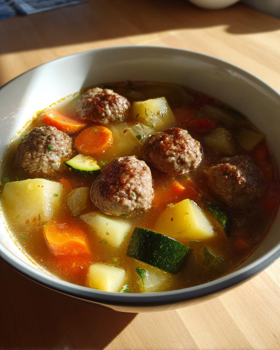 Close-up of a bowl of flavorful albondigas soup featuring meatballs, potatoes, carrots, and zucchini.